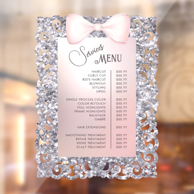 Silver Glitter Frame Pink Bow Services Menu (Sheet 2)