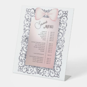 Silver Glitter Frame Pink Bow Services Menu Pedestal Sign