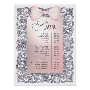 Silver Glitter Frame Pink Bow Services Menu Poster