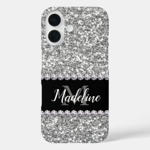 Silver Glitter & Gems with Name and Monogram iPhone 16 Case