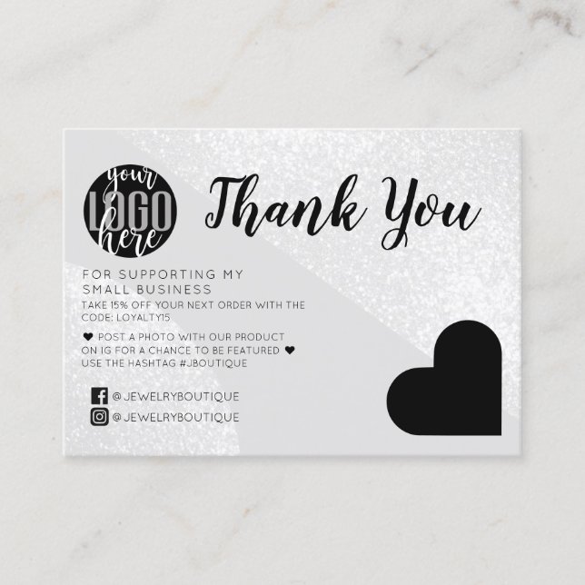 Silver Glitter Geo Heart Logo Customer Thank You Business Card (Front)