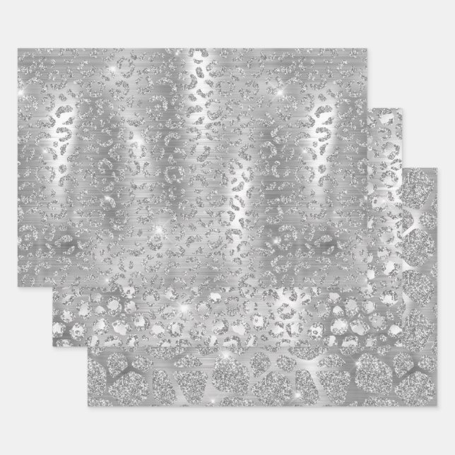 Silver Glitter Giraffe & Leopard Spots Patterns Wrapping Paper Sheet (Set)