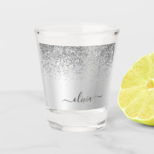 Silver Glitter Girly Metal Monogram Name Shot Glass