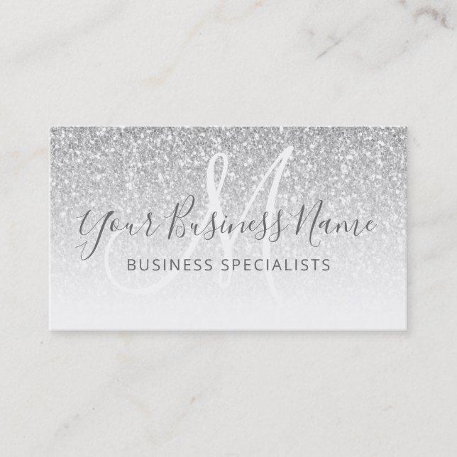 Silver Glitter Girly Script Business Logo Monogram Card (Front)
