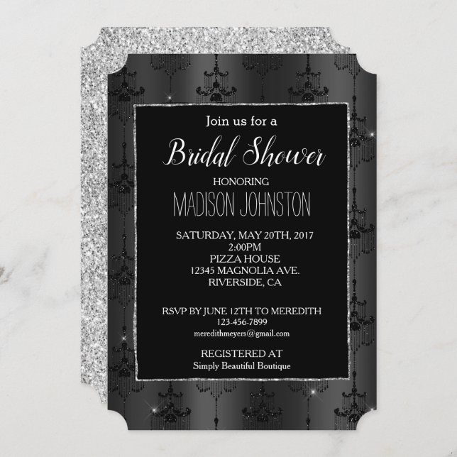 Silver Glitter Glam Black Chandeliers Invitation (Front/Back)