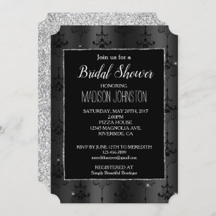 Silver Glitter Glam Black Chandeliers Invitation