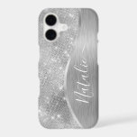 Silver Glitter Glam Bling Personalised Metallic<br><div class="desc">Easily personalise this silver brushed metal and glamourous faux glitter patterned phone case with your own custom name.</div>