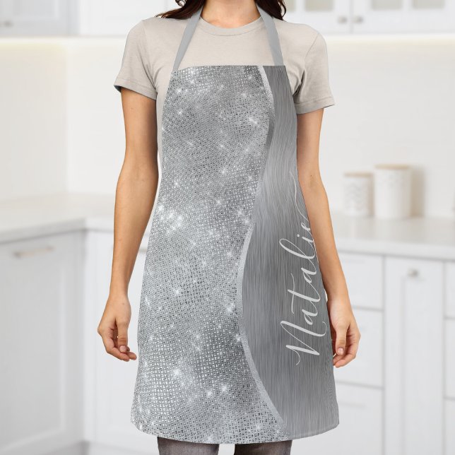 Silver Glitter Glam Bling Personalised Metallic Apron (Creator Uploaded)