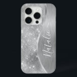 Silver Glitter Glam Bling Personalised Metallic iPhone 15 Pro Case<br><div class="desc">Easily personalise this silver brushed metal and glamourous faux glitter patterned phone case with your own custom name.</div>