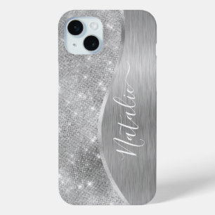 Silver Glitter Glam Bling Personalised Metallic iPhone 15 Mini Case
