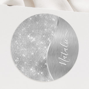 Silver Glitter Glam Bling Personalised Metallic Classic Round Sticker