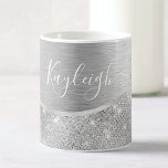 Silver Glitter Glam Bling Personalised Metallic Coffee Mug<br><div class="desc">Easily personalise this silver brushed metal and glamourous faux glitter patterned coffee mug with your own custom name.</div>