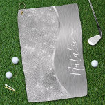 Silver Glitter Glam Bling Personalised Metallic Golf Towel<br><div class="desc">Easily personalise this silver brushed metal and glamourous faux glitter patterned golf towel with your own custom name.</div>