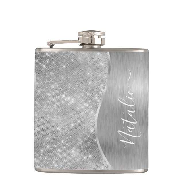 Silver Glitter Glam Bling Personalised Metallic Hip Flask (Front)