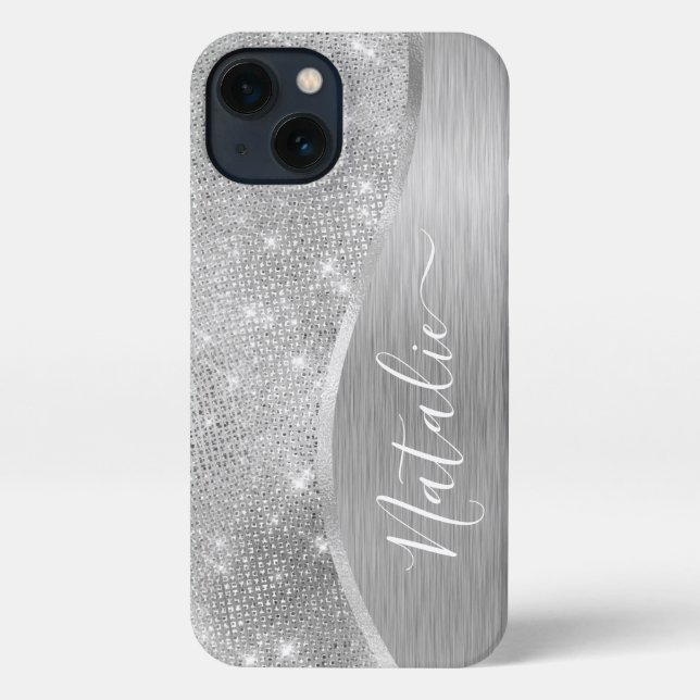 Silver Glitter Glam Bling Personalised Metallic iPhone Case (Back)