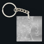 Silver Glitter Glam Bling Personalised Metallic Key Ring<br><div class="desc">Easily personalise this silver brushed metal and glamourous faux glitter patterned key chain with your own custom name.</div>