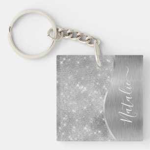 Silver Glitter Glam Bling Personalised Metallic Key Ring