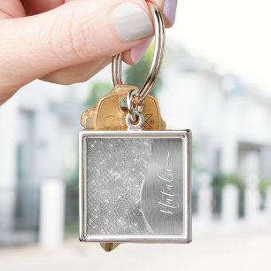 Silver Glitter Glam Bling Personalised Metallic Key Ring