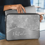 Silver Glitter Glam Bling Personalised Metallic Laptop Sleeve<br><div class="desc">Easily personalise this silver brushed metal and glamourous faux glitter patterned laptop sleeve with your own custom name.</div>