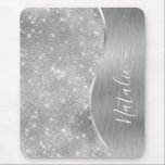 Silver Glitter Glam Bling Personalised Metallic Mouse Pad<br><div class="desc">Easily personalise this silver brushed metal and glamourous faux glitter patterned mouse pad with your own custom name.</div>