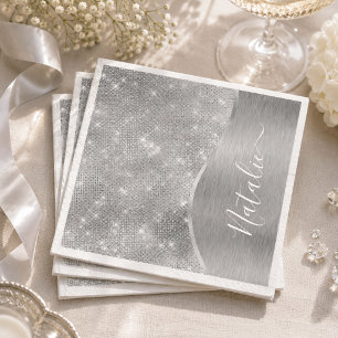 Silver Glitter Glam Bling Personalised Metallic Napkin