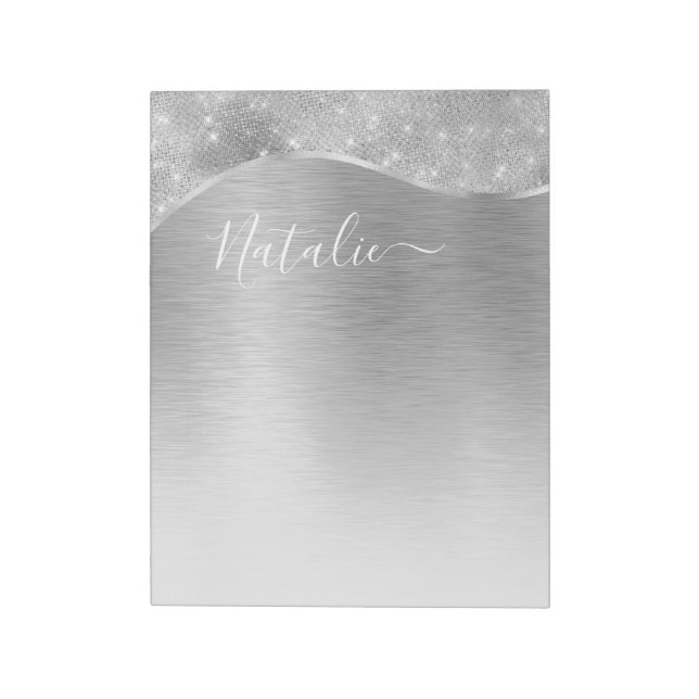 Silver Glitter Glam Bling Personalised Metallic Notepad (Rotated)