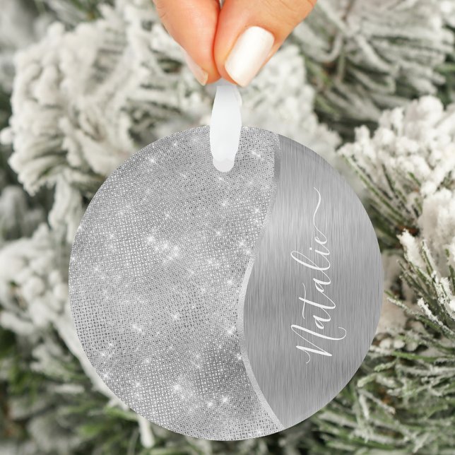 Silver Glitter Glam Bling Personalised Metallic Ornament (Creator Uploaded)
