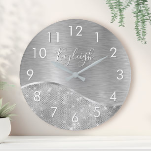 Silver Glitter Glam Bling Personalised Metallic Round Clock