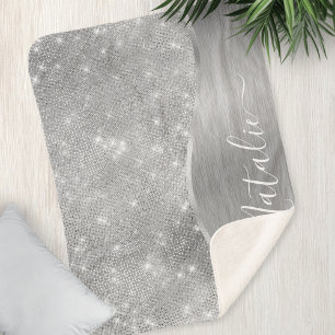 Silver Glitter Glam Bling Personalised Metallic Sherpa Blanket