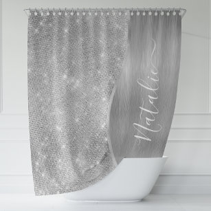 Silver Glitter Glam Bling Personalised Metallic Shower Curtain