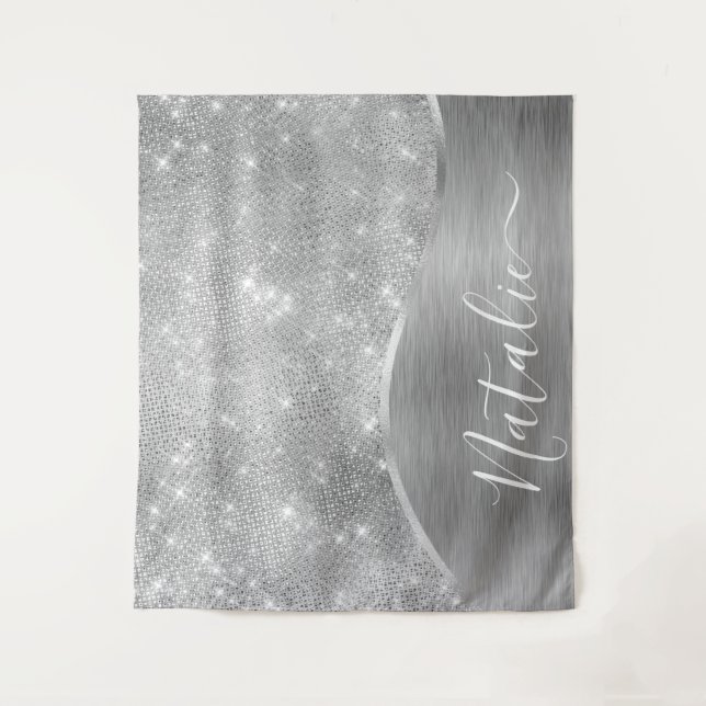 Silver Glitter Glam Bling Personalised Metallic Tapestry (Front)