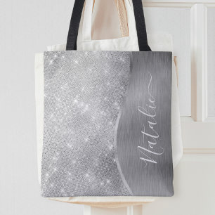 Silver Glitter Glam Bling Personalised Metallic Tote Bag