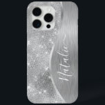 Silver Glitter Glam Bling Personalized Metallic iPhone 15 Pro Max Case<br><div class="desc">Easily personalize this silver brushed metal and glamorous faux glitter patterned phone case with your own custom name.</div>