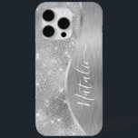 Silver Glitter Glam Bling Personalized Metallic iPhone 15 Pro Max Case<br><div class="desc">Easily personalize this silver brushed metal and glamorous faux glitter patterned phone case with your own custom name.</div>