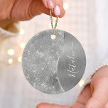 Silver Glitter Glam Bling Personalized Metallic Ceramic Ornament<br><div class="desc">Easily personalize this silver brushed metal and glamorous faux glitter patterned ornament with your own custom name.</div>