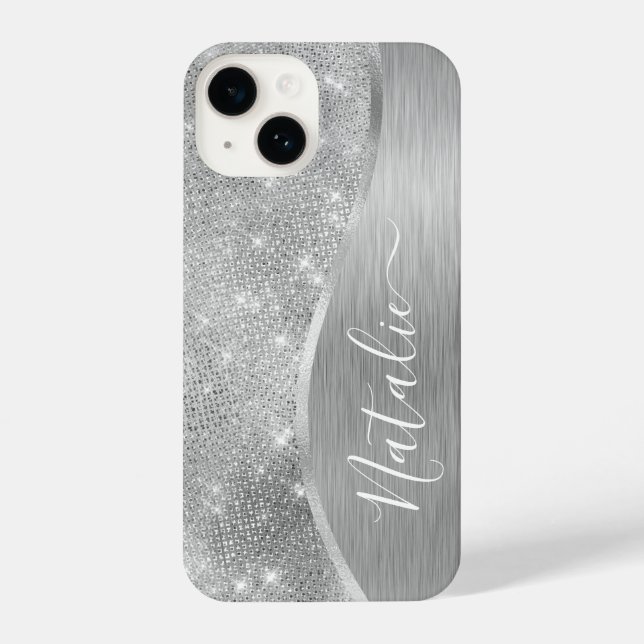 Silver Glitter Glam Bling Personalized Metallic iPhone Case (Back)