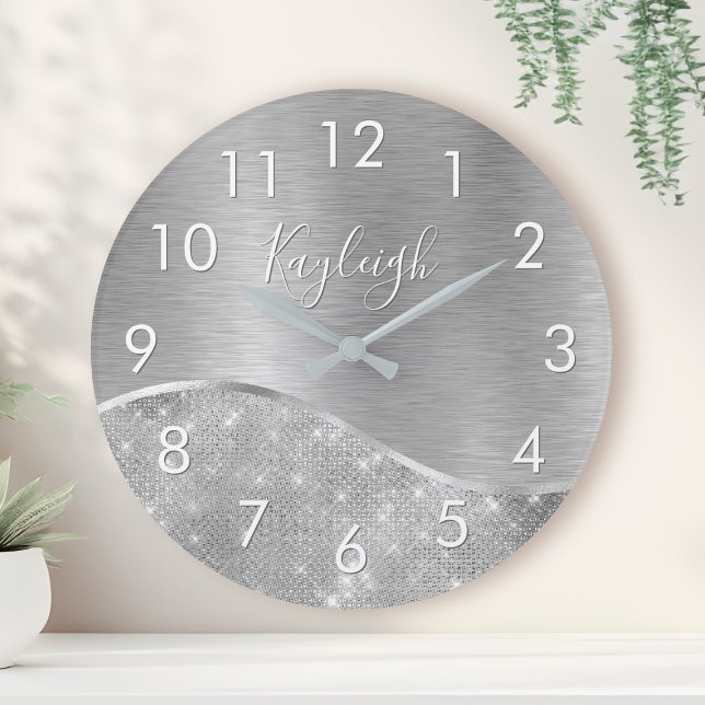 Silver Glitter Glam Bling Personalized Metallic Round Clock (Creator Uploaded)