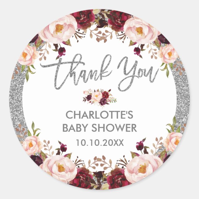 Silver Glitter Glam Burgundy Blush Floral Shower Classic Round Sticker (Front)