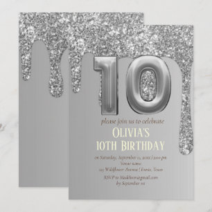 Silver Glitter Glam Drip Girl Girly 10th Birthday Invitation