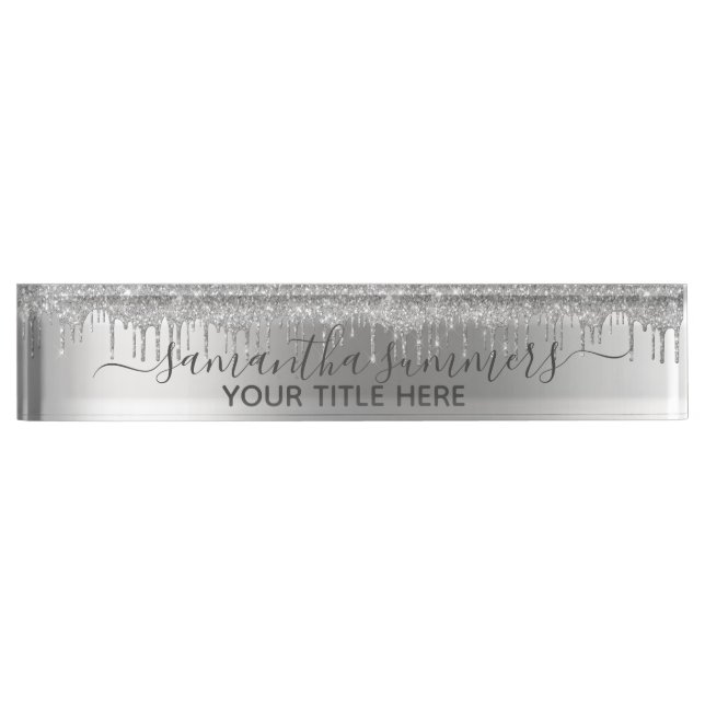 Silver Glitter Glam Drips Handwritten Calligraphy Nameplate (Front)