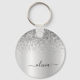 Silver Glitter Glam Metal Monogram Name Key Ring