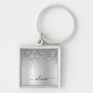 Silver Glitter Glam Metal Monogram Name Key Ring