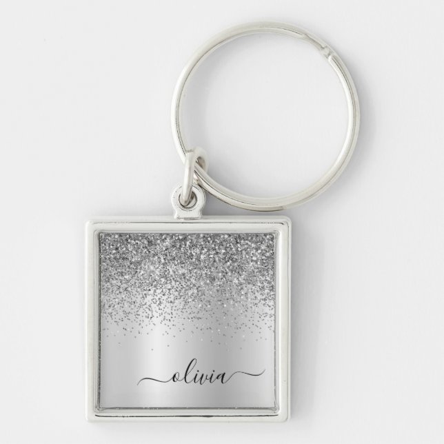 Silver Glitter Glam Metal Monogram Name Key Ring (Front)
