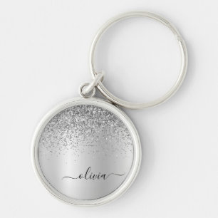 Silver Glitter Glam Metal Monogram Name Key Ring