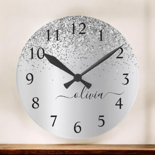 Silver Glitter Glam Metal Monogram Name Large Clock