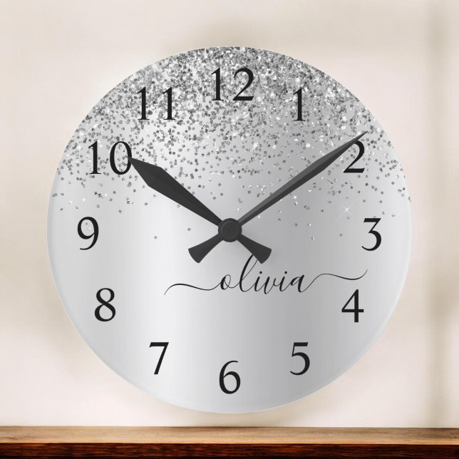 Silver Glitter Glam Metal Monogram Name Large Clock (Creator Uploaded)