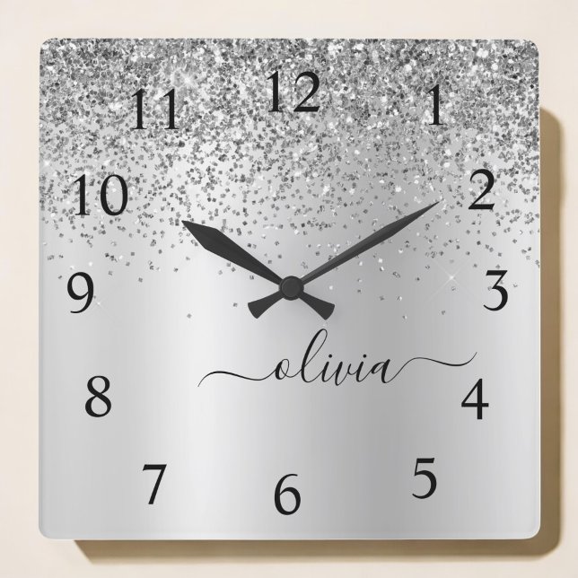 Silver Glitter Glam Metal Monogram Name Square Wall Clock (Creator Uploaded)