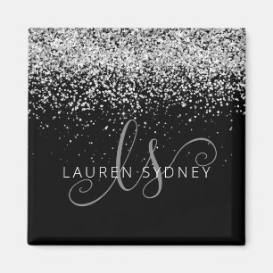 Silver Glitter Glam Monogram Name Magnet