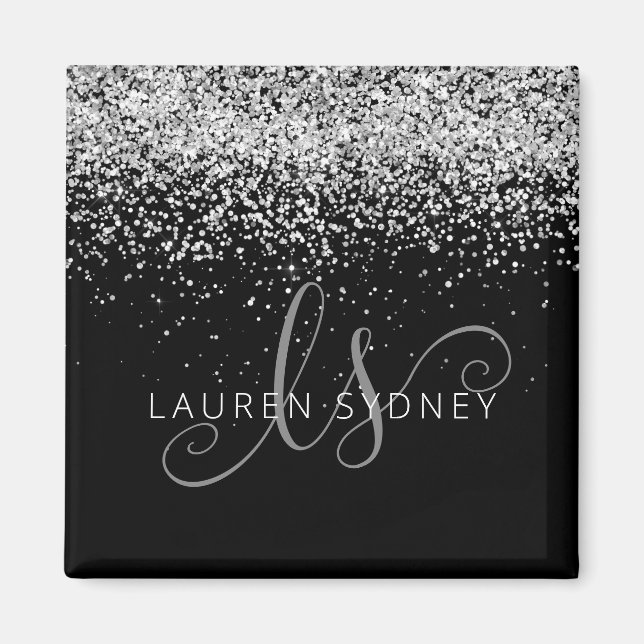 Silver Glitter Glam Monogram Name Magnet (Front)