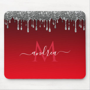 Silver Glitter Glam Red Gradient Monogram & Name Mouse Pad